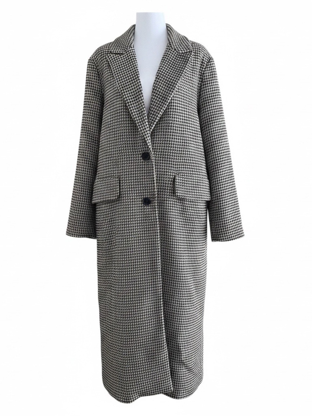 A New Day Black Beige White Houndstooth Plaid Long Topcoat - Size L